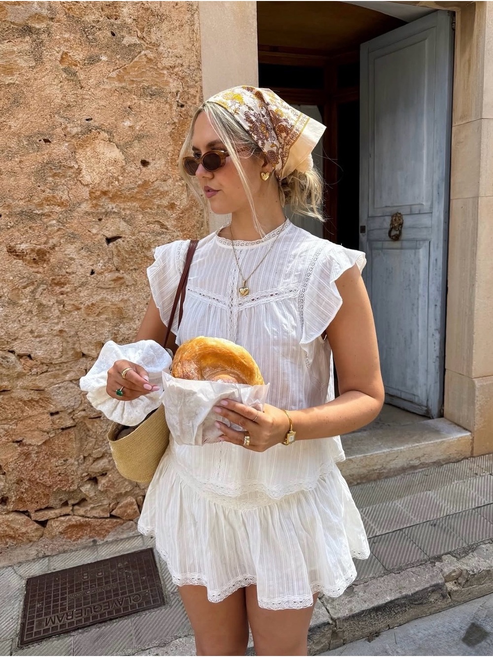 Zara White Ruffle Sleeve Lace Trim Top Blouse & Skort Matching Set